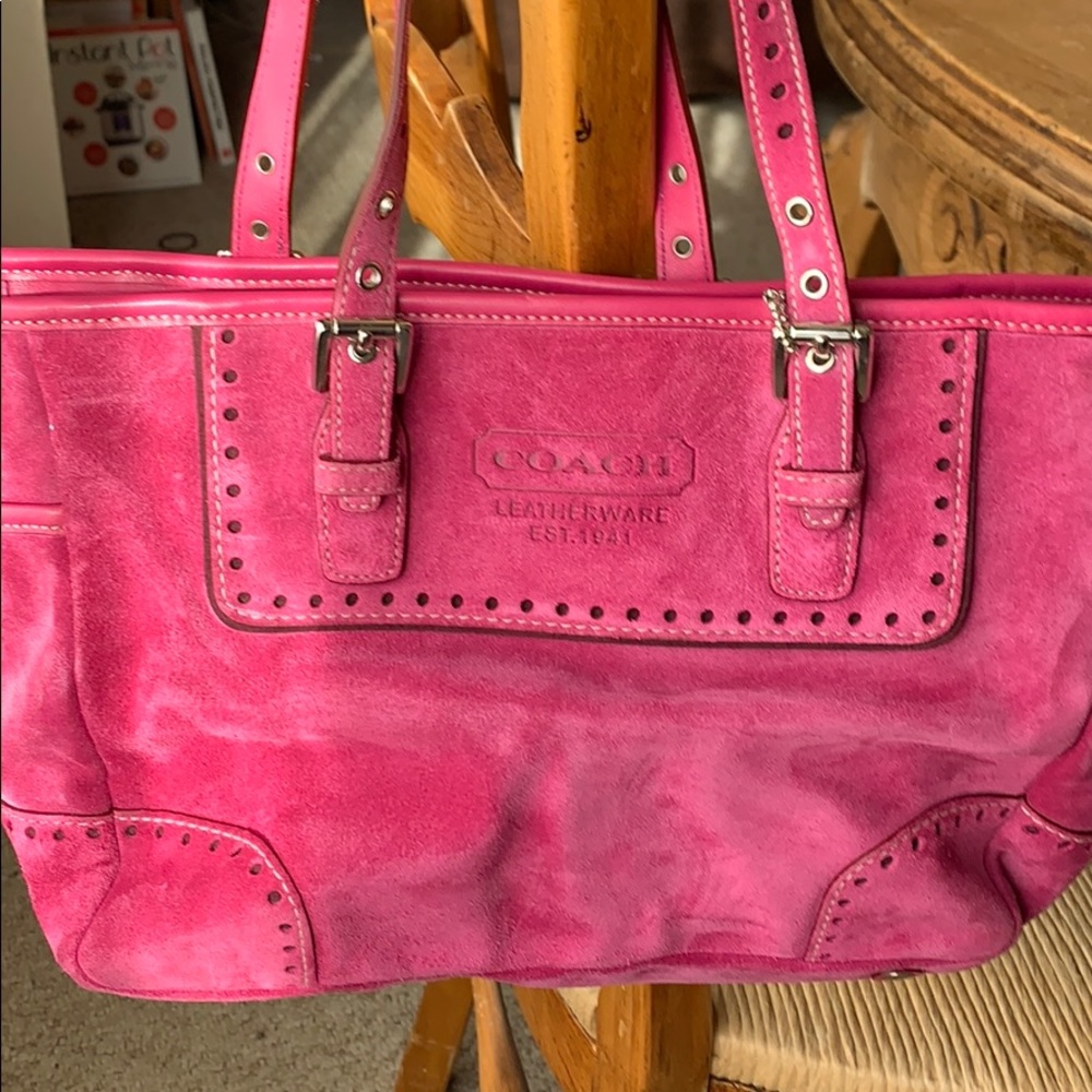 Coach pink suade bag. 14 1/2 inch long opening